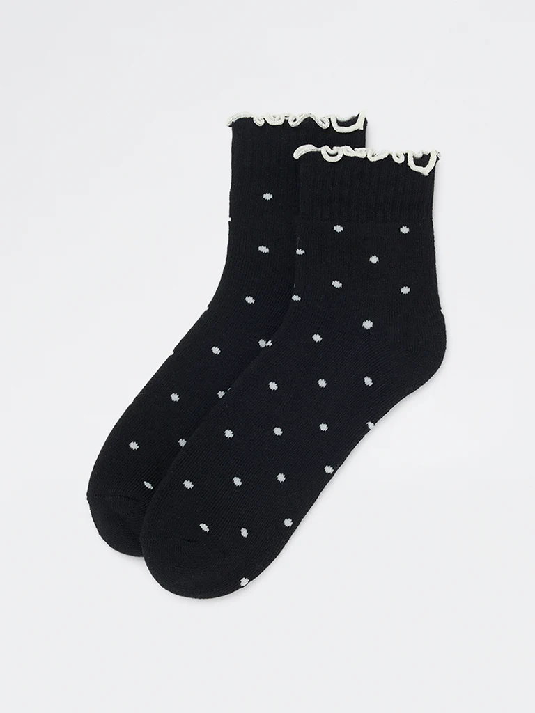 Wunderlove Black Polka-Dot Cotton-Blend Socks - Image 2