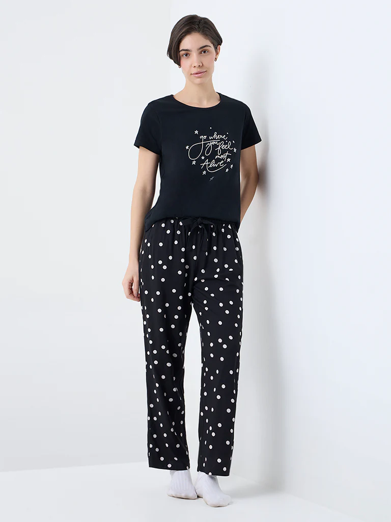 Wunderlove Black Polka Dots High-Rise Pants