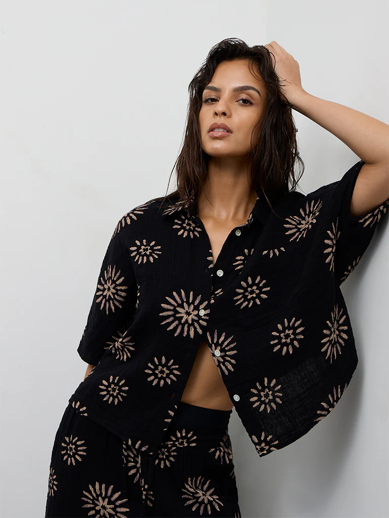 Wunderlove Black Printed Crinkle-Textured Cotton Beach Shirt