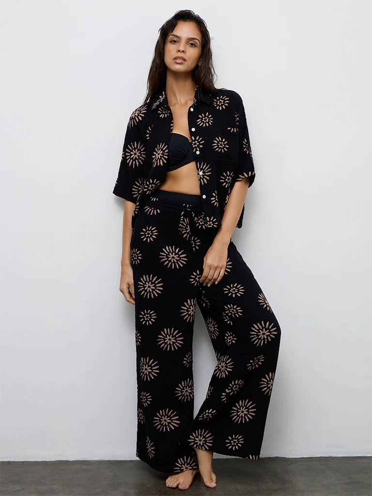 Wunderlove Black Printed Crinkle-Textured Cotton Beach Shirt - Image 2