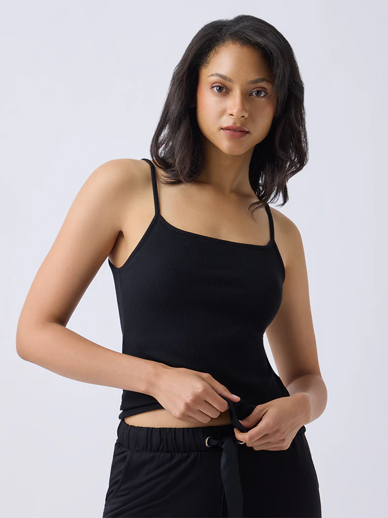 Wunderlove Black Ribbed Cotton-Blend Camisole