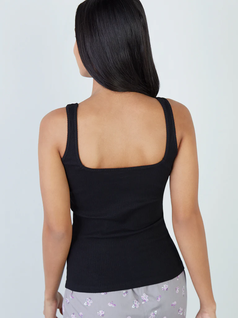 Wunderlove Black Ribbed Cotton-Blend Square-Neck Vest - Image 4