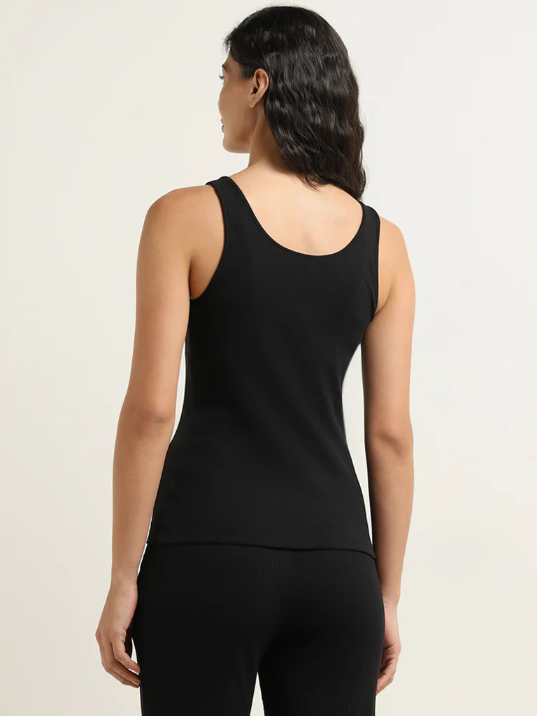 Wunderlove Black Ribbed Textured Cotton-Blend Camisole - Image 4