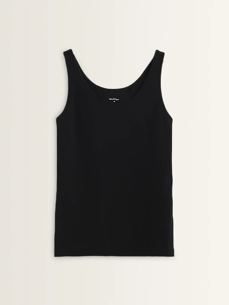 Wunderlove Black Ribbed Textured Cotton-Blend Camisole - Image 5