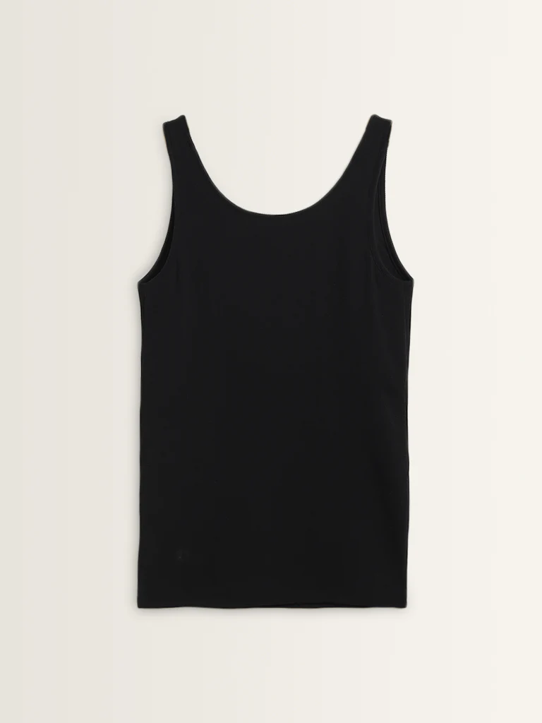 Wunderlove Black Ribbed Textured Cotton-Blend Camisole - Image 6