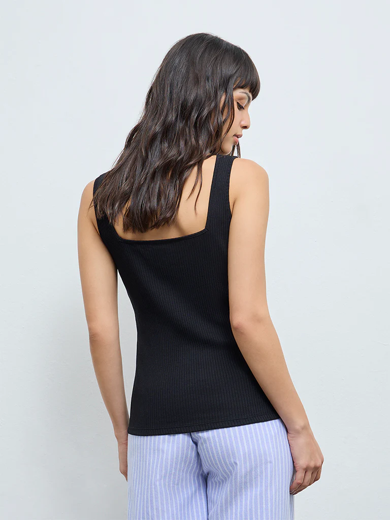 Wunderlove Black Ribbed-Textured Cotton-Blend Tank Top - Image 4