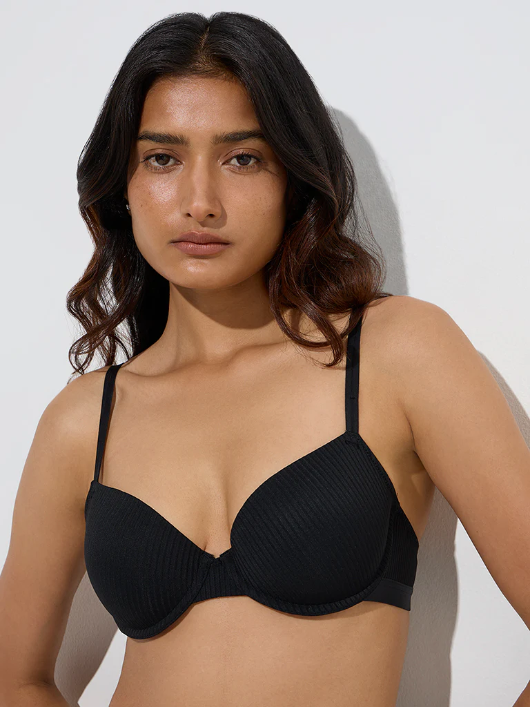 Wunderlove Black Self-Striped Under-Wired Bra - Image 3
