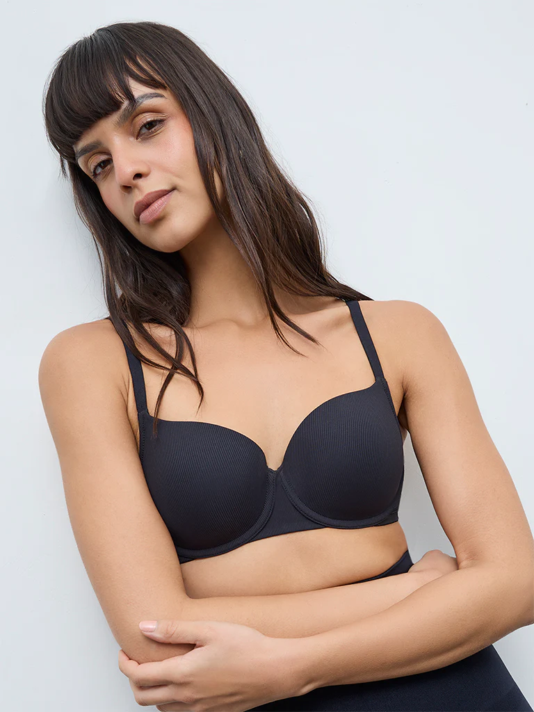 Wunderlove Black Self-Striped Underwired Bra - Image 2