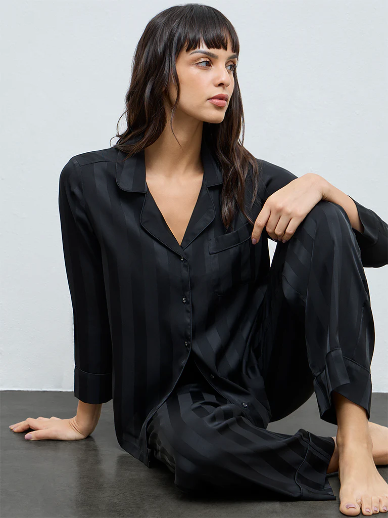 Wunderlove Black Striped Satin Shirt and Pyjamas Set - Image 2
