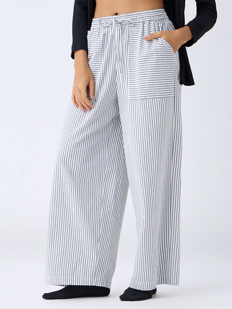 Wunderlove Black Striped Wide-Leg High-Rise Cotton Pants - Image 2