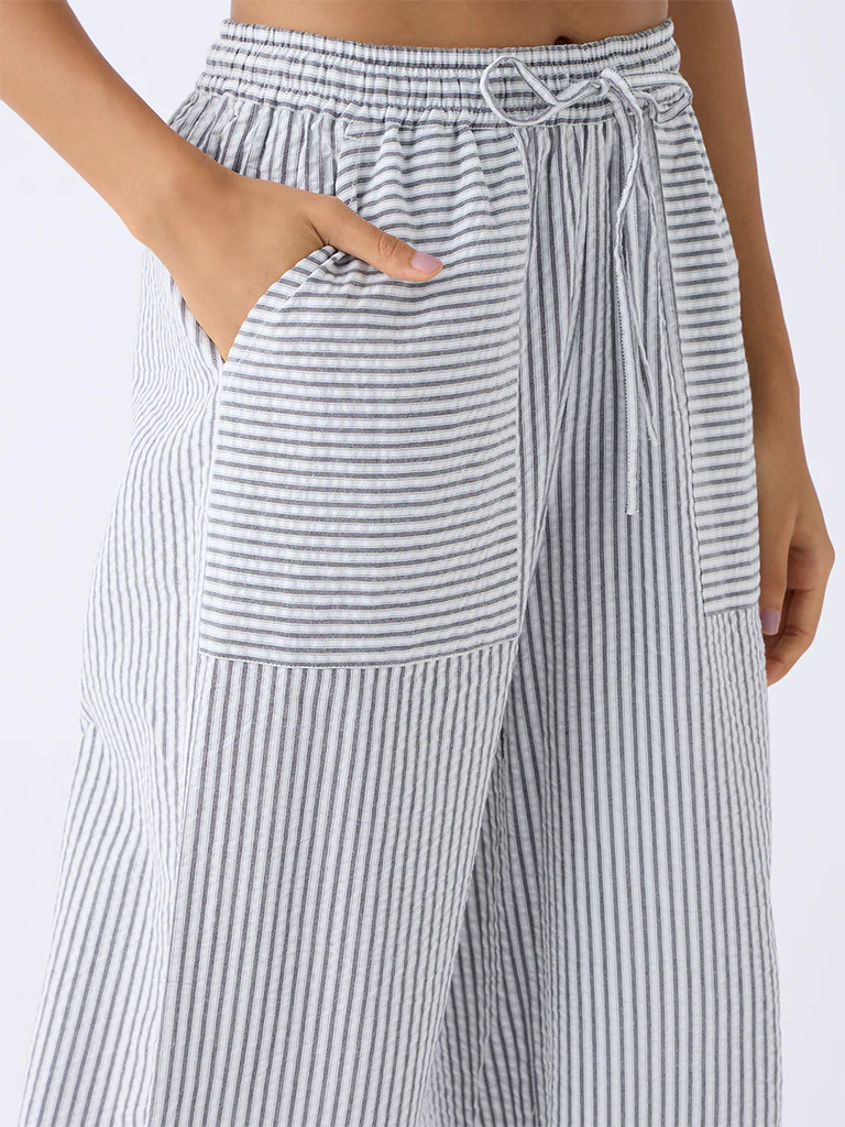 Wunderlove Black Striped Wide-Leg High-Rise Cotton Pants - Image 3