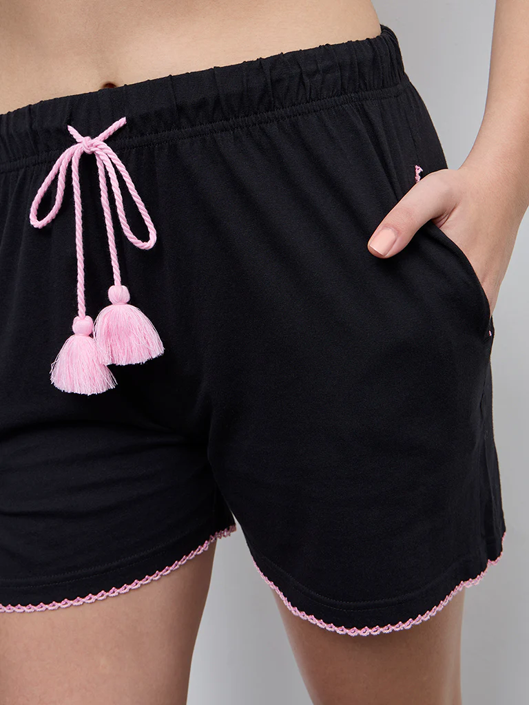 Wunderlove Black Tassel-Detail High-Rise Cotton Shorts - Image 3