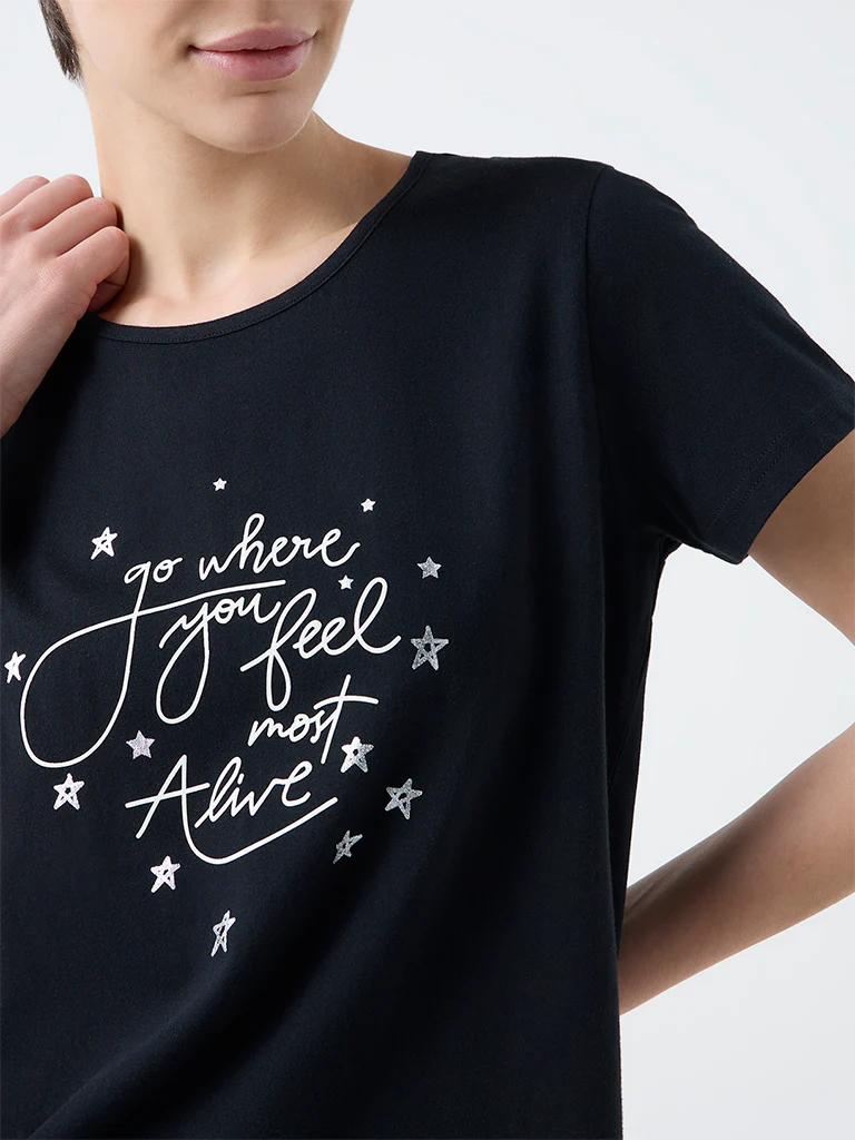 Wunderlove Black Text Detailed Cotton T-Shirt - Image 3