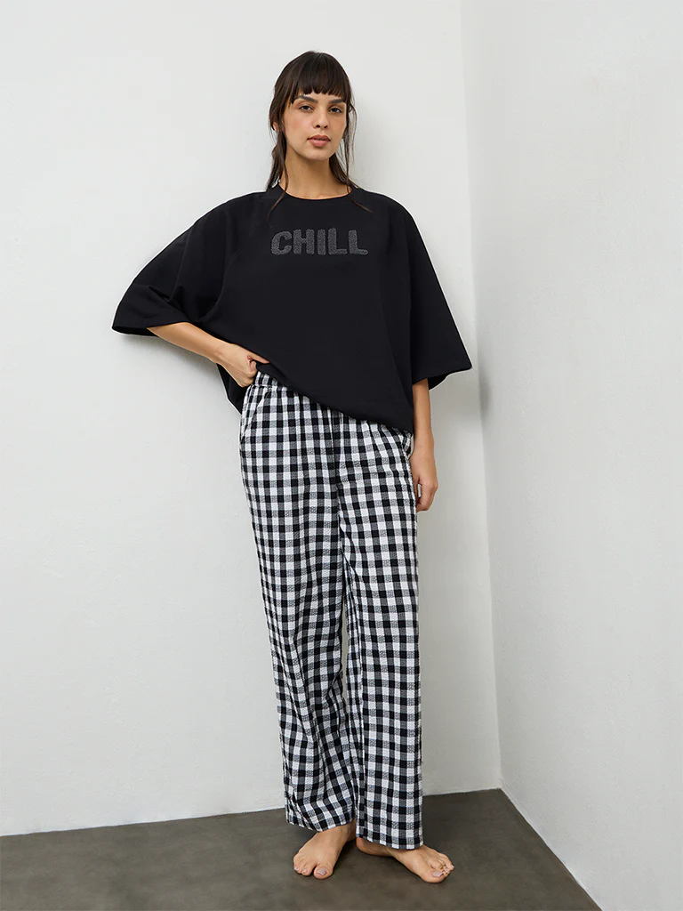 Wunderlove Black Text Embroidered Cotton T-Shirt - Image 2