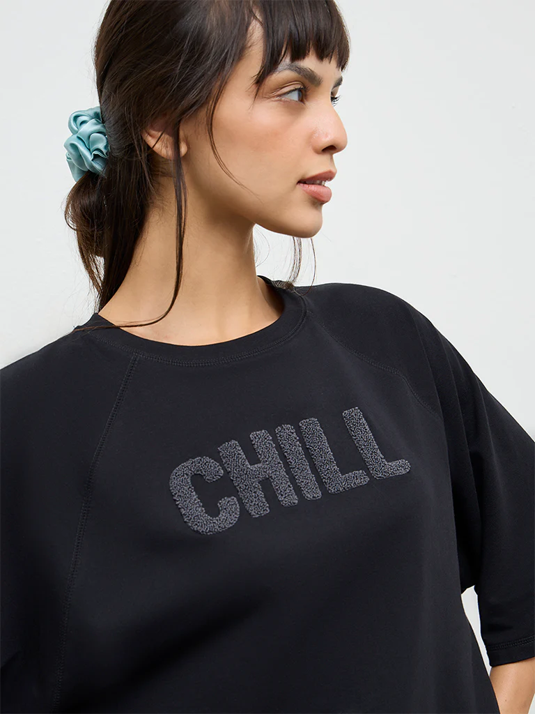 Wunderlove Black Text Embroidered Cotton T-Shirt - Image 3