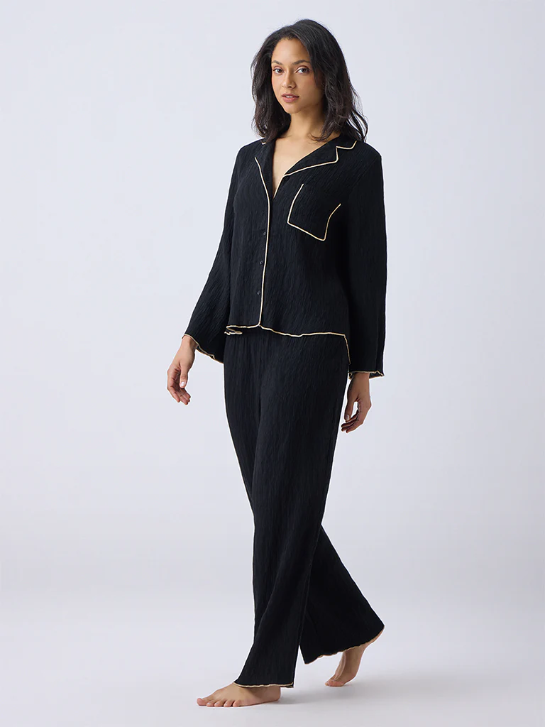 Wunderlove Black Textured Shirt and Pyjamas Set