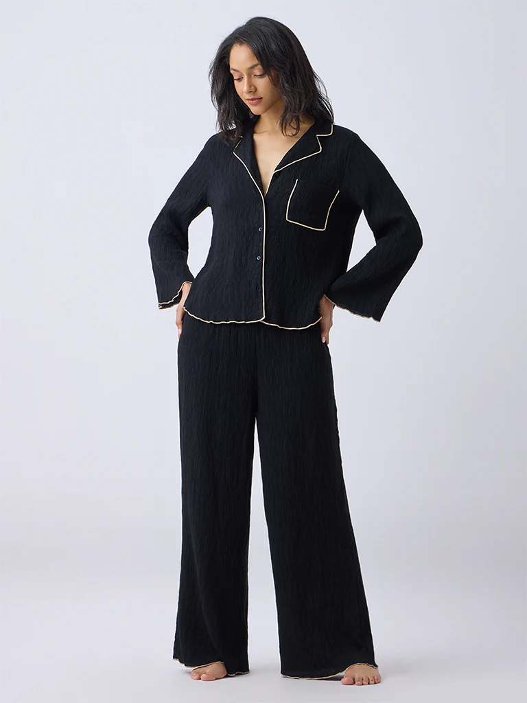 Wunderlove Black Textured Shirt and Pyjamas Set - Image 2