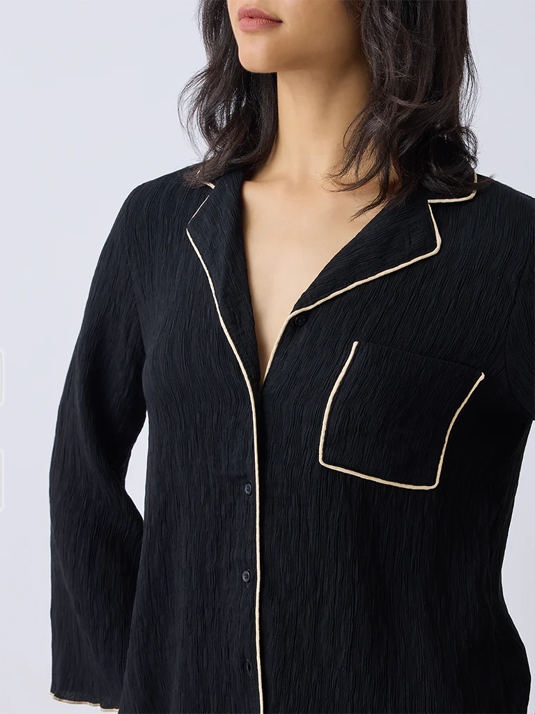 Wunderlove Black Textured Shirt and Pyjamas Set - Image 3