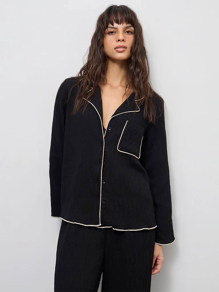 Wunderlove Black Textured Shirt with Pyjama Set - Image 2
