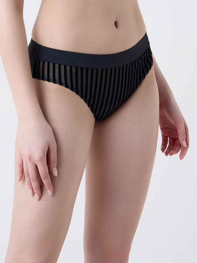 Wunderlove Black Velvet Striped Hi-Leg Briefs - Image 2