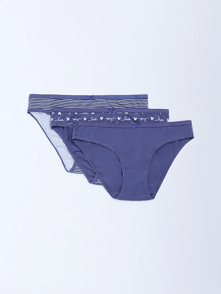 Wunderlove Blue Cotton-Blend Bikini Briefs - Pack of 3 - Image 2
