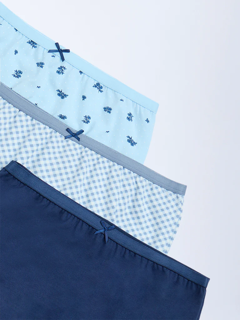 Wunderlove Blue Cotton-Blend Full Briefs - Pack of 3 - Image 6