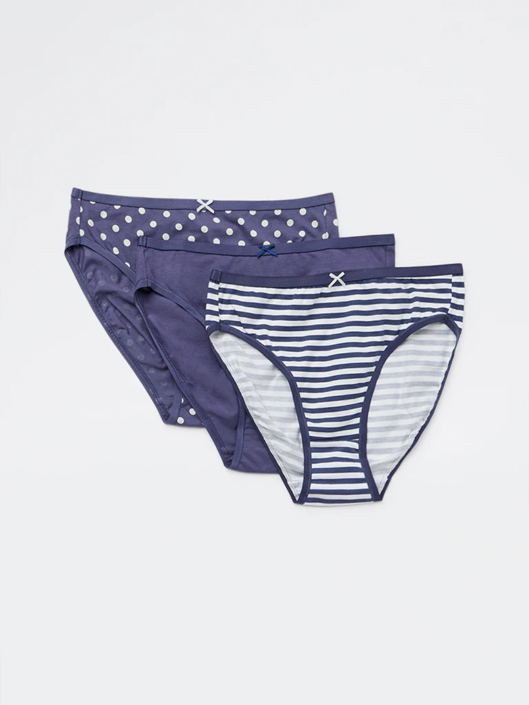 Wunderlove Blue Cotton-Blend Hi-Leg Briefs - Pack of 3 - Image 2