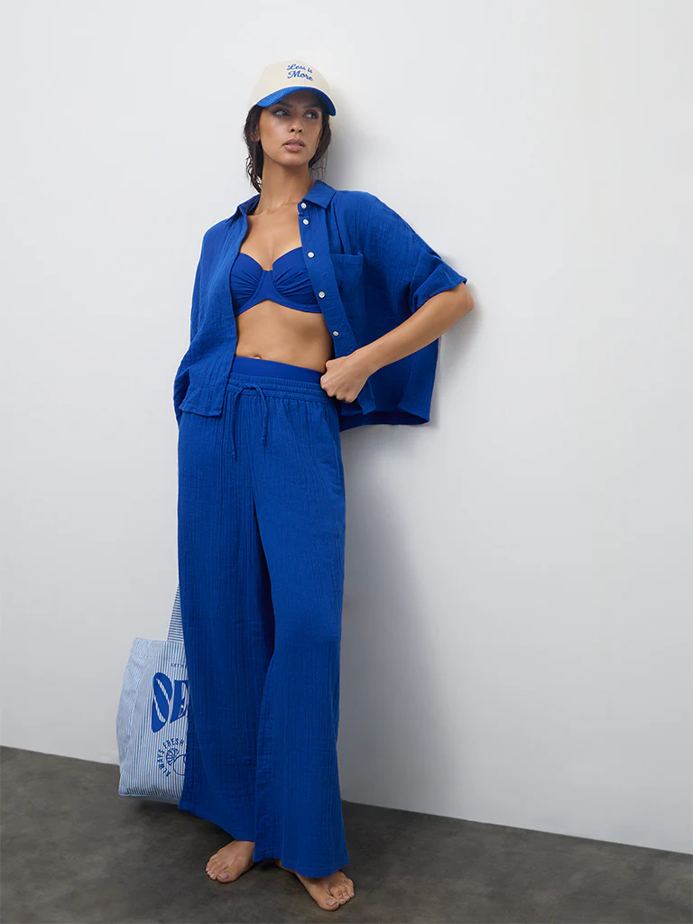 Wunderlove Blue Crinkle-Textured Cotton Beach Shirt