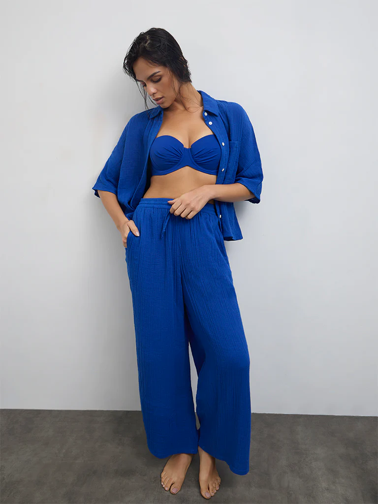 Wunderlove Blue Crinkle-Textured High-Rise Cotton Beach Pants