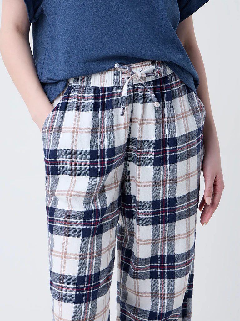Wunderlove Blue Flannel Checkered High-Rise Cotton Pants - Image 3