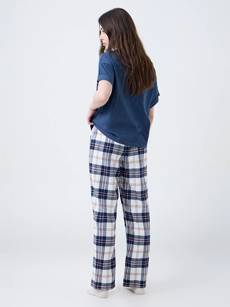 Wunderlove Blue Flannel Checkered High-Rise Cotton Pants - Image 4