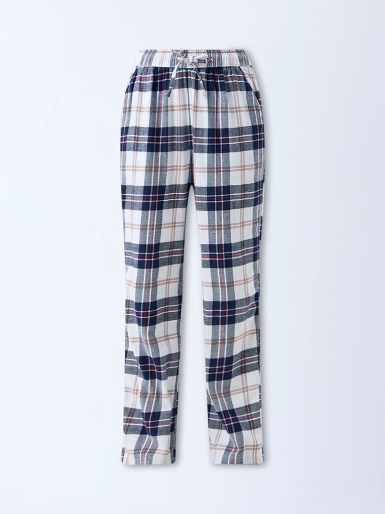 Wunderlove Blue Flannel Checkered High-Rise Cotton Pants - Image 5