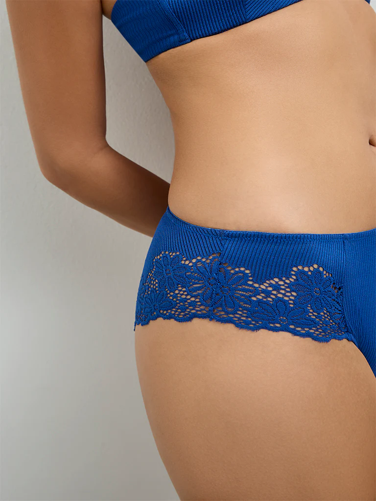 Wunderlove Blue Floral Lace Detailed Hi-Leg Briefs - Image 3