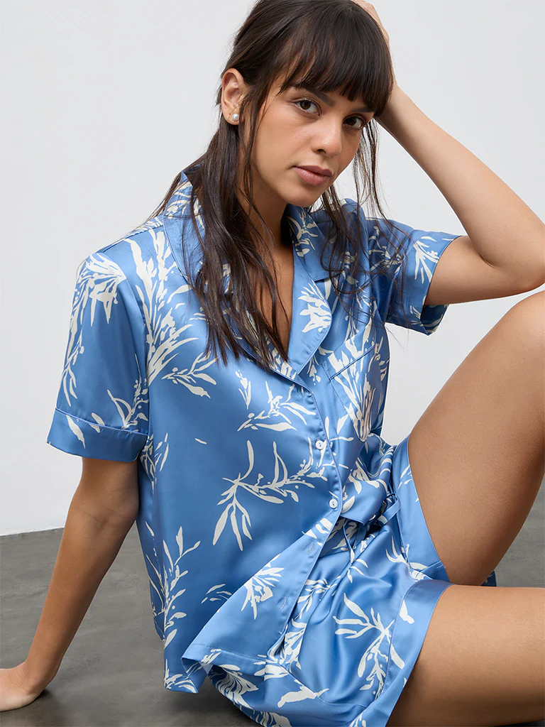 Wunderlove Blue Foliage Printed Shirt and Shorts Set - Image 2