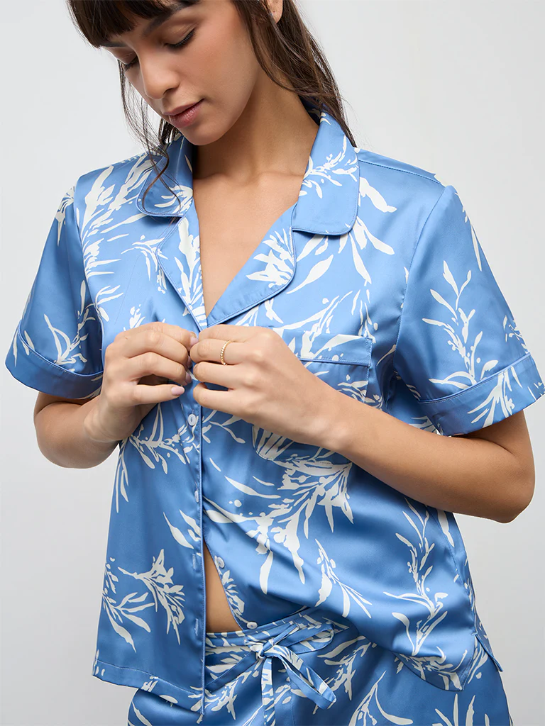 Wunderlove Blue Foliage Printed Shirt and Shorts Set - Image 3