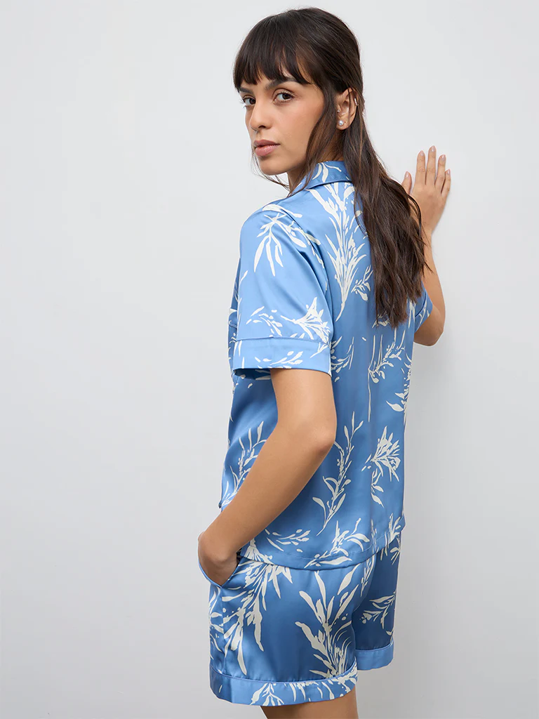 Wunderlove Blue Foliage Printed Shirt and Shorts Set - Image 4