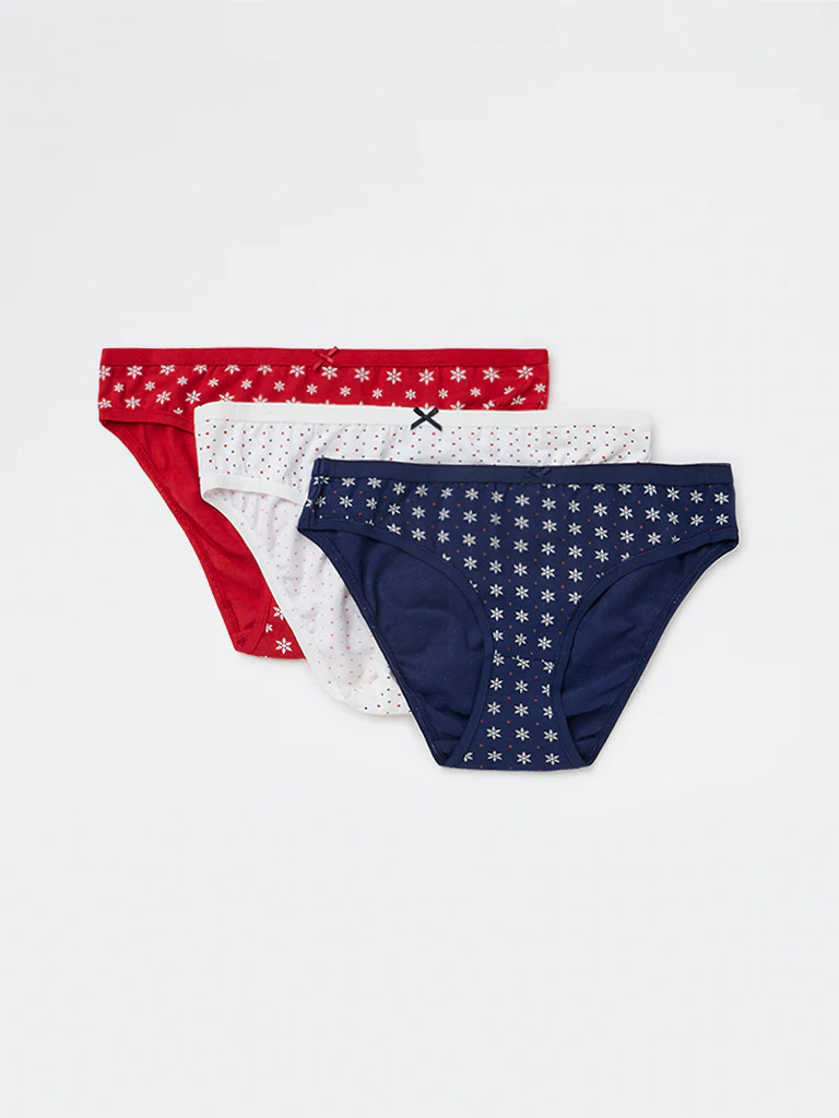 Wunderlove Blue Printed Cotton-Blend Bikini Briefs - Pack of 3 - Image 2