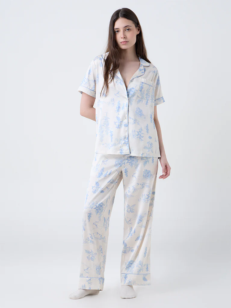Wunderlove Blue Printed Satin Shirt and Pyjamas Set