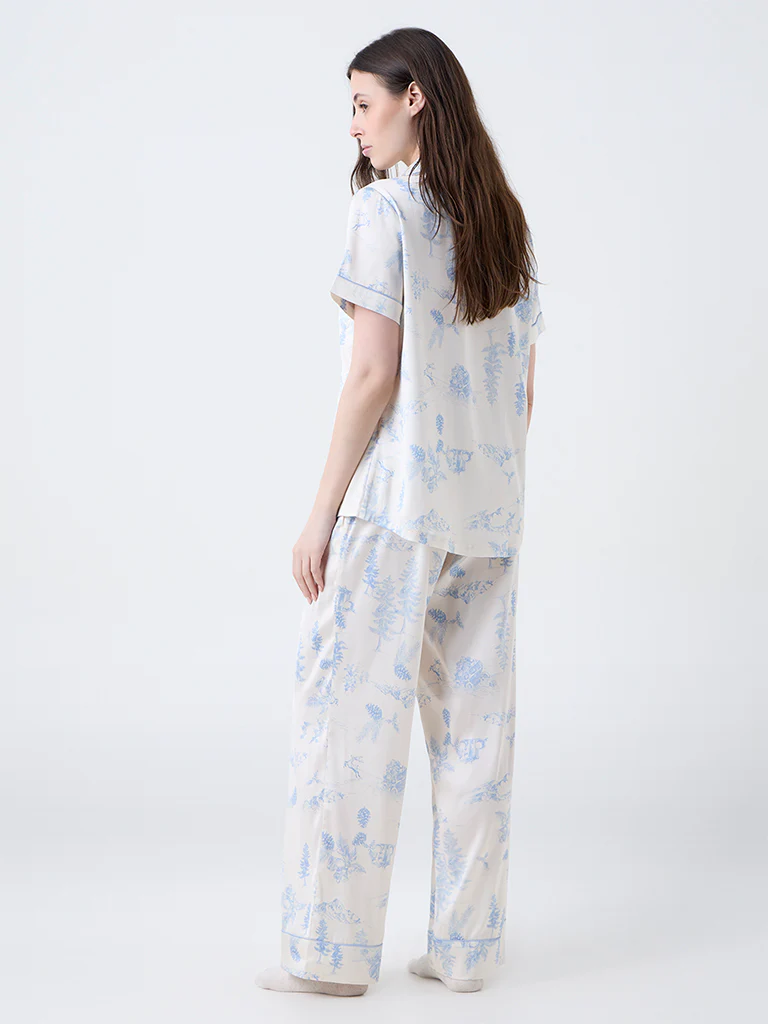 Wunderlove Blue Printed Satin Shirt and Pyjamas Set - Image 4