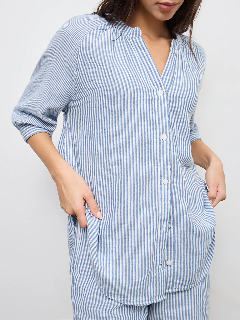 Wunderlove Blue Striped Cotton Beach Shirt - Image 2