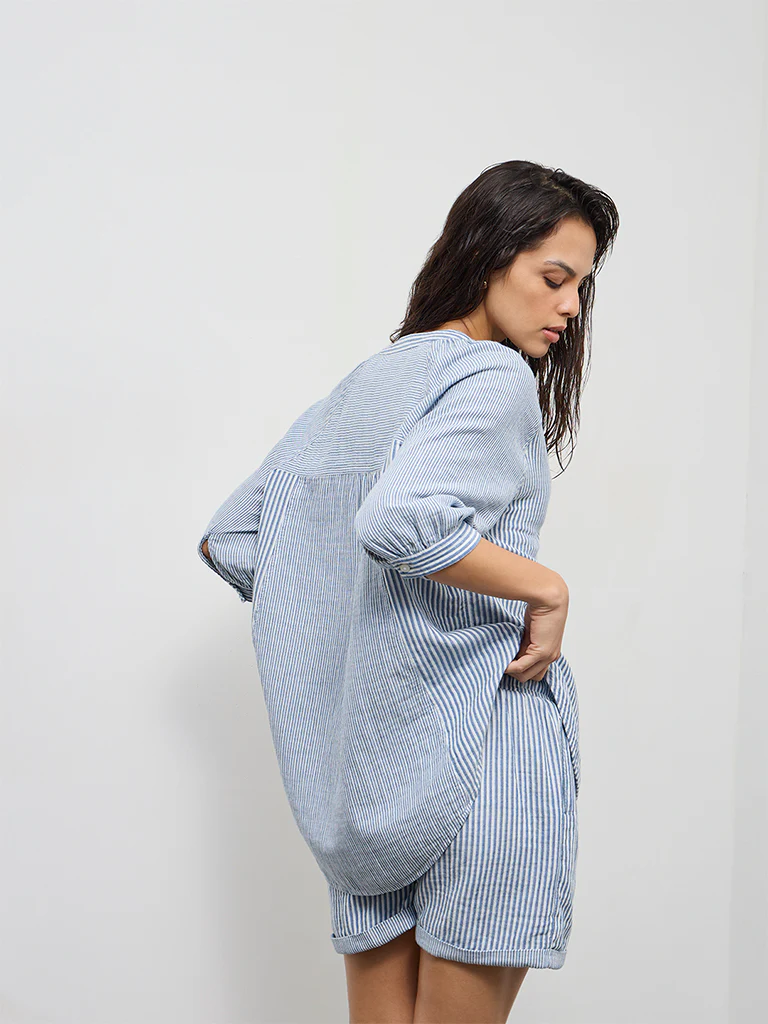 Wunderlove Blue Striped Cotton Beach Shirt - Image 4