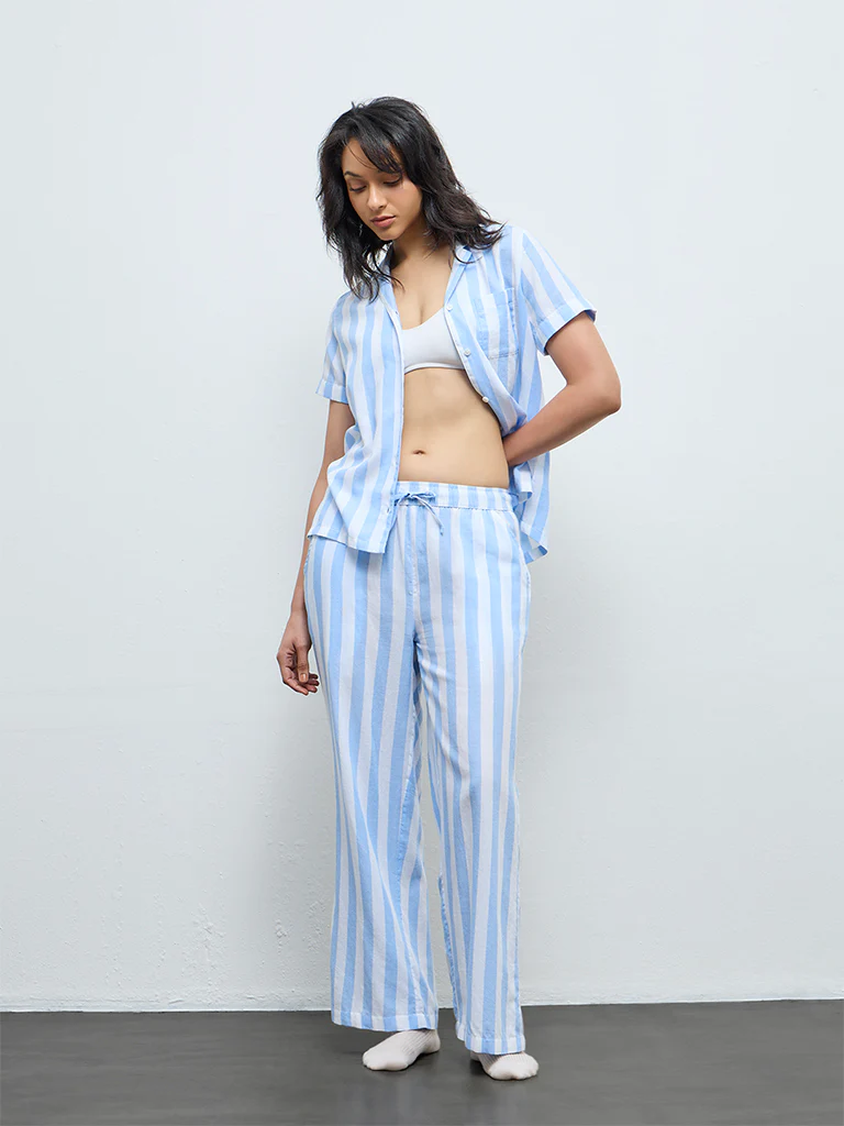 Wunderlove Blue Striped Cotton Shirt and Pyjama Set - Image 2
