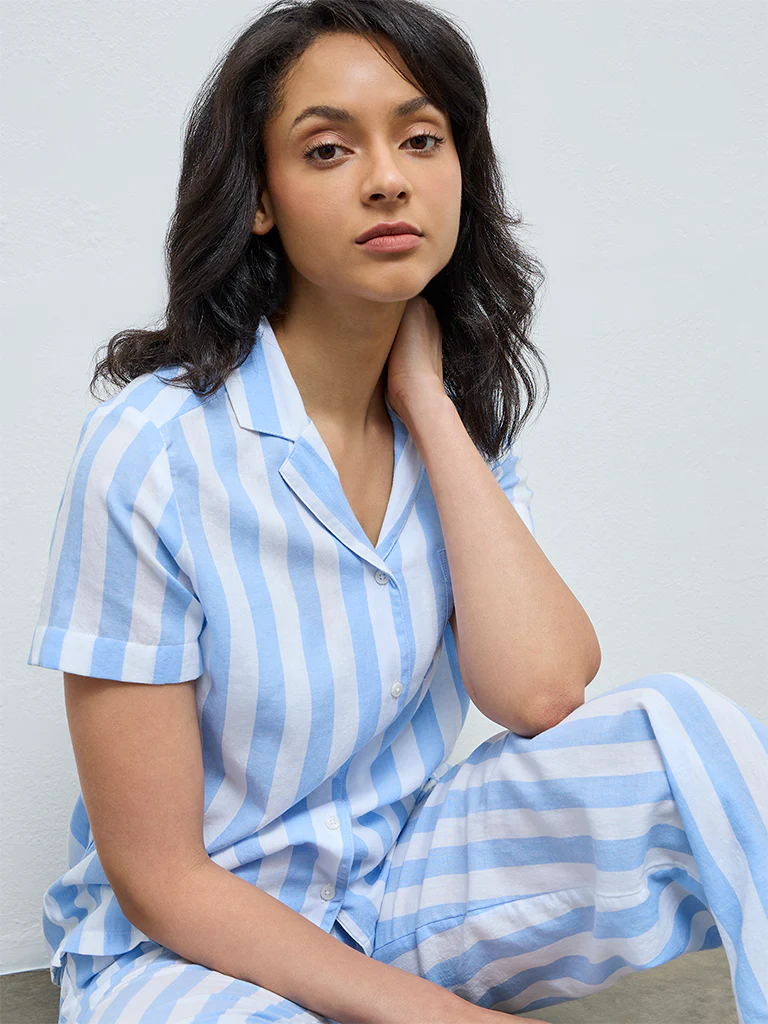 Wunderlove Blue Striped Cotton Shirt and Pyjama Set - Image 3
