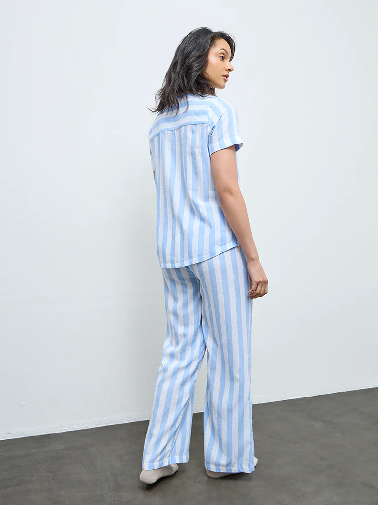 Wunderlove Blue Striped Cotton Shirt and Pyjama Set - Image 4
