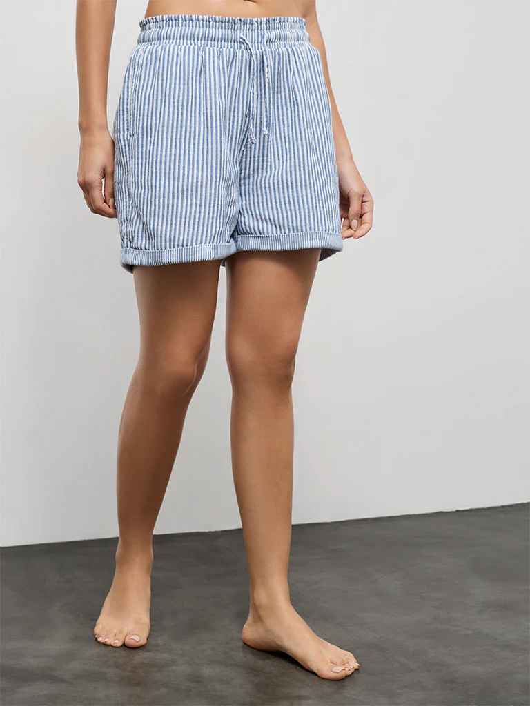 Wunderlove Blue Striped High-Rise Cotton Beach Shorts - Image 2