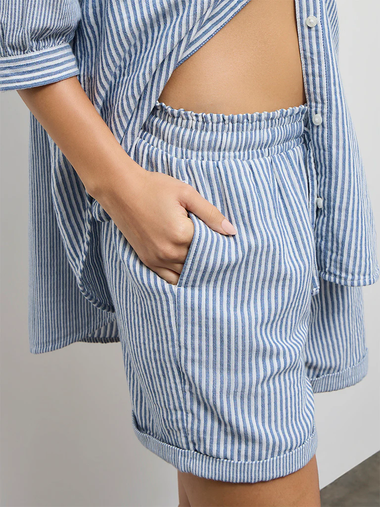 Wunderlove Blue Striped High-Rise Cotton Beach Shorts - Image 3