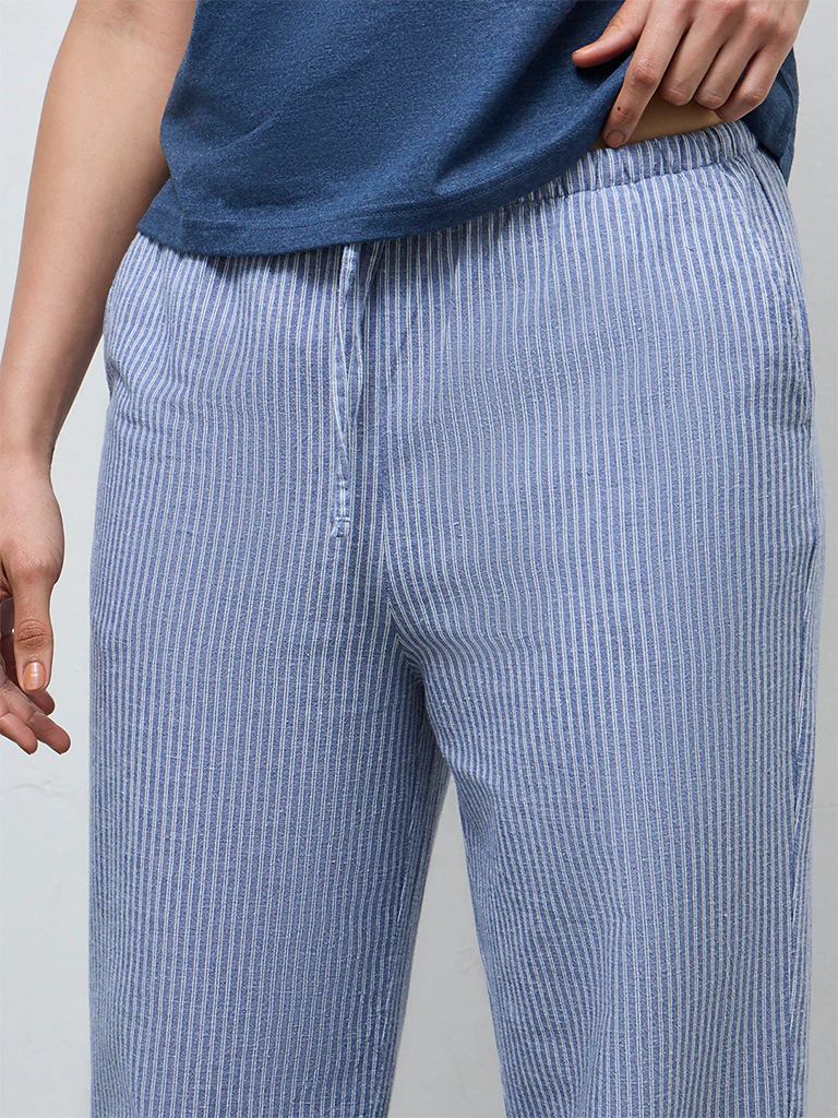 Wunderlove Blue Striped High-Rise Cotton-Blend Pants - Image 3
