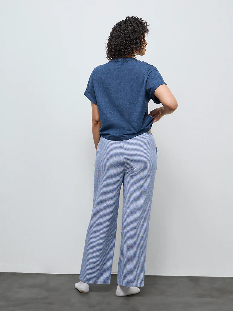 Wunderlove Blue Striped High-Rise Cotton-Blend Pants - Image 4