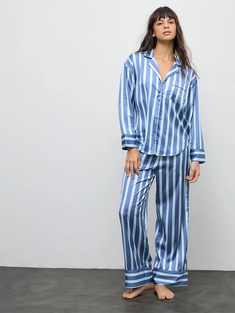 Wunderlove Blue Striped Satin Shirt and Pyjamas Set - Image 2