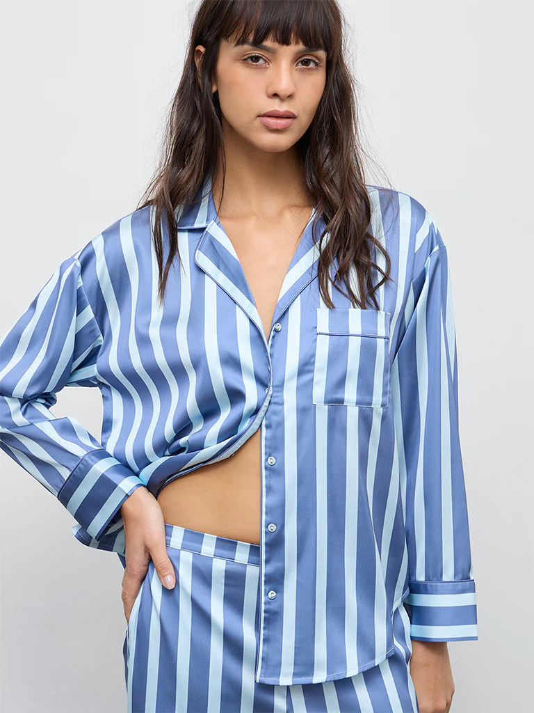 Wunderlove Blue Striped Satin Shirt and Pyjamas Set - Image 3